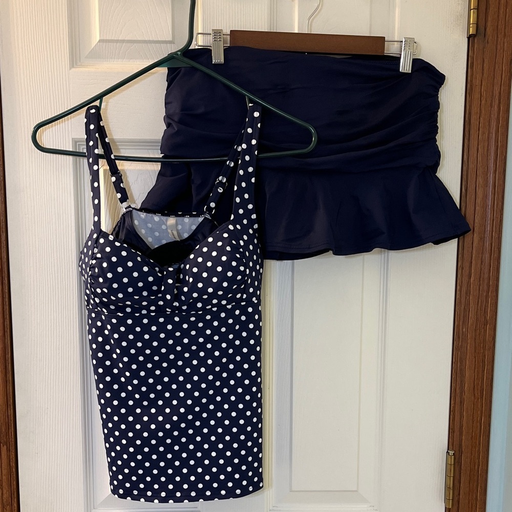 Lands End Navy Blue & White Polka Dot Tankini Top 36B/38A & Skort Bottoms Sz 12